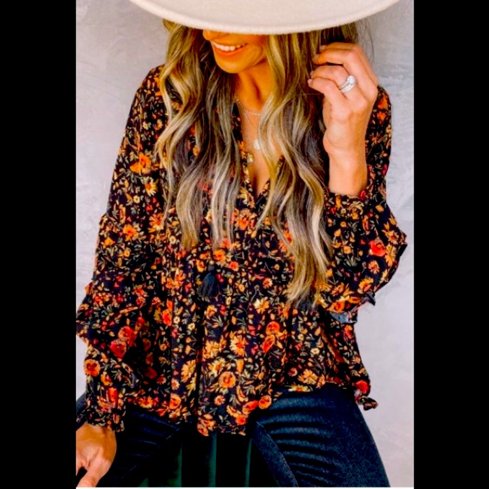 Unique Deep V Neck Floral Print Flounce Design Elastic Cuffs Sexy Flowing Shirt